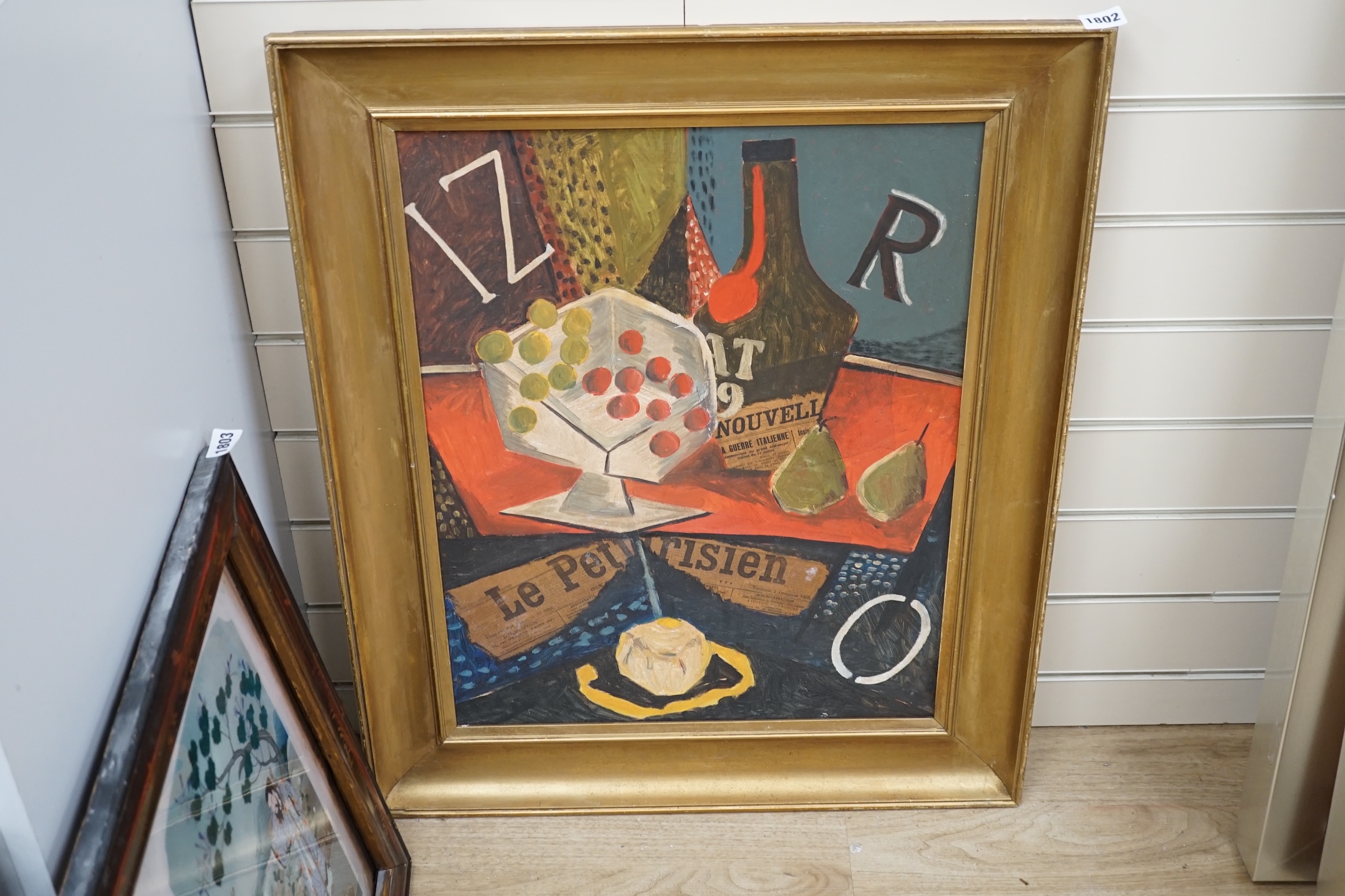 Cubist style, oil and mixed media on board, Still life of vessels and fruit, 59 x 45cm. Condition - fair to good, some scuffing